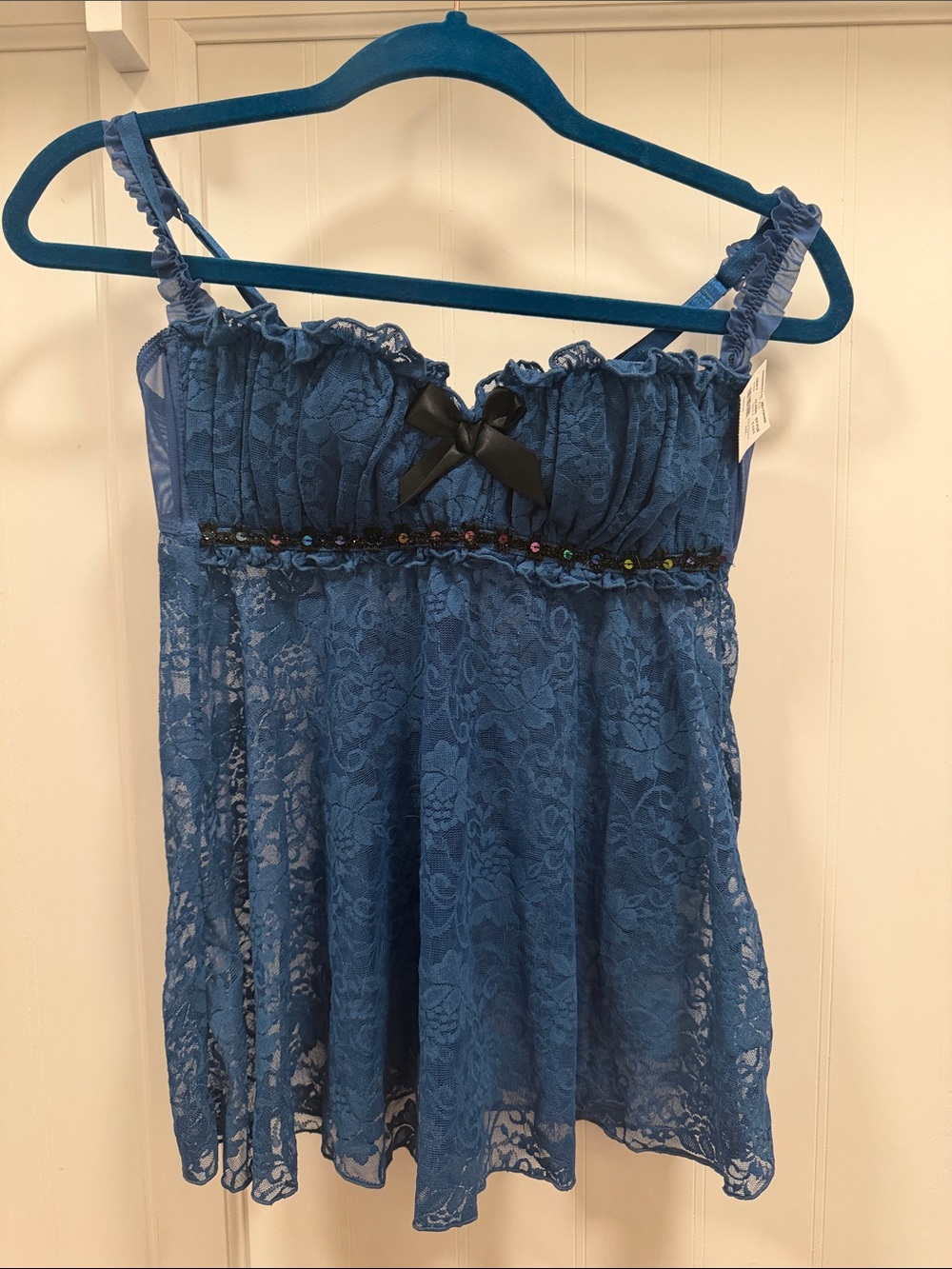 Frederick's of Hollywood Blue Lace Chemise with Bow and Beaded Trim